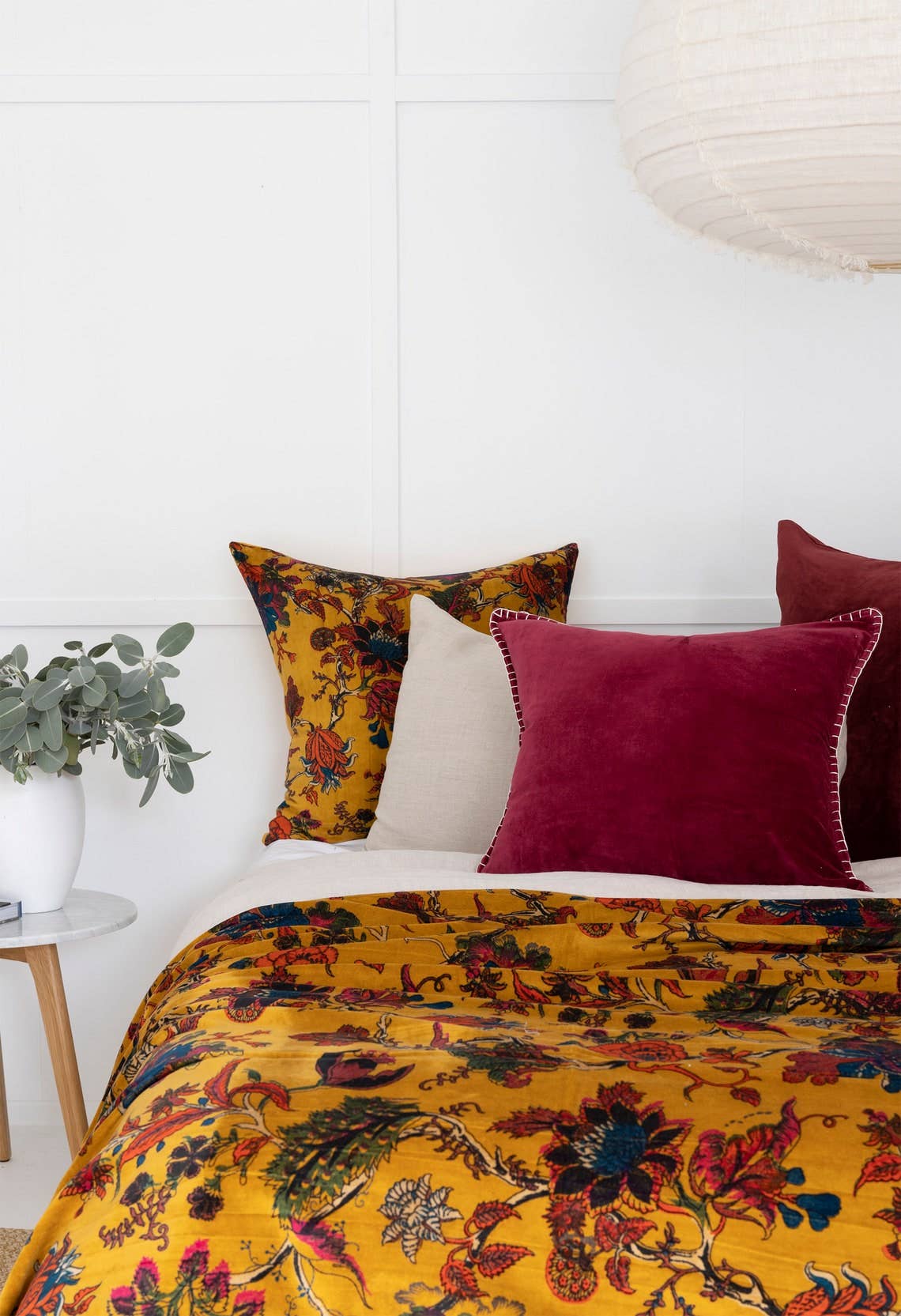 Mexican Painterly Florals Reversible Velvet/Cotton Throw - Mustard Linen Connections