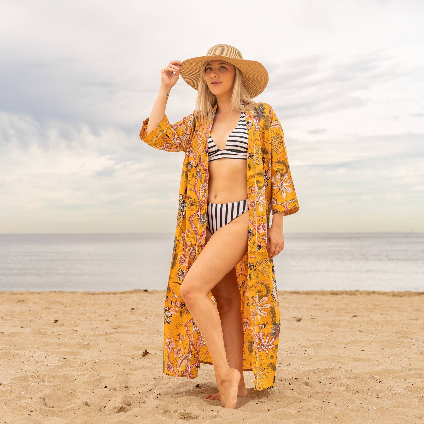 100 % Cotton Kimono Robe - mustard florals Linen Connections