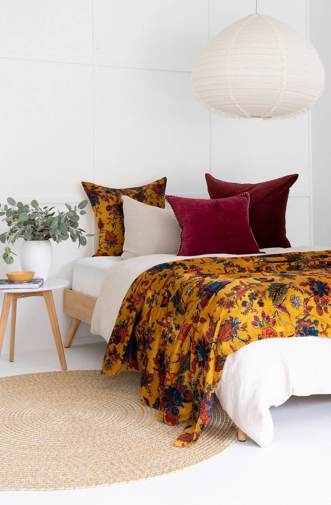 Mexican Painterly Florals Reversible Velvet/Cotton Throw - Mustard Linen Connections
