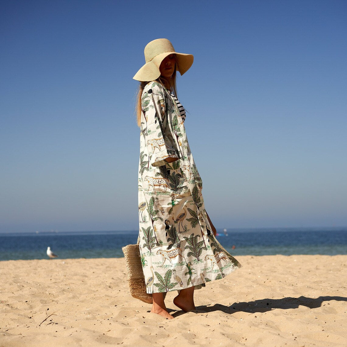 100 % Cotton Kimono Bathrobe Frida Gown - Green Jungle Linen Connections