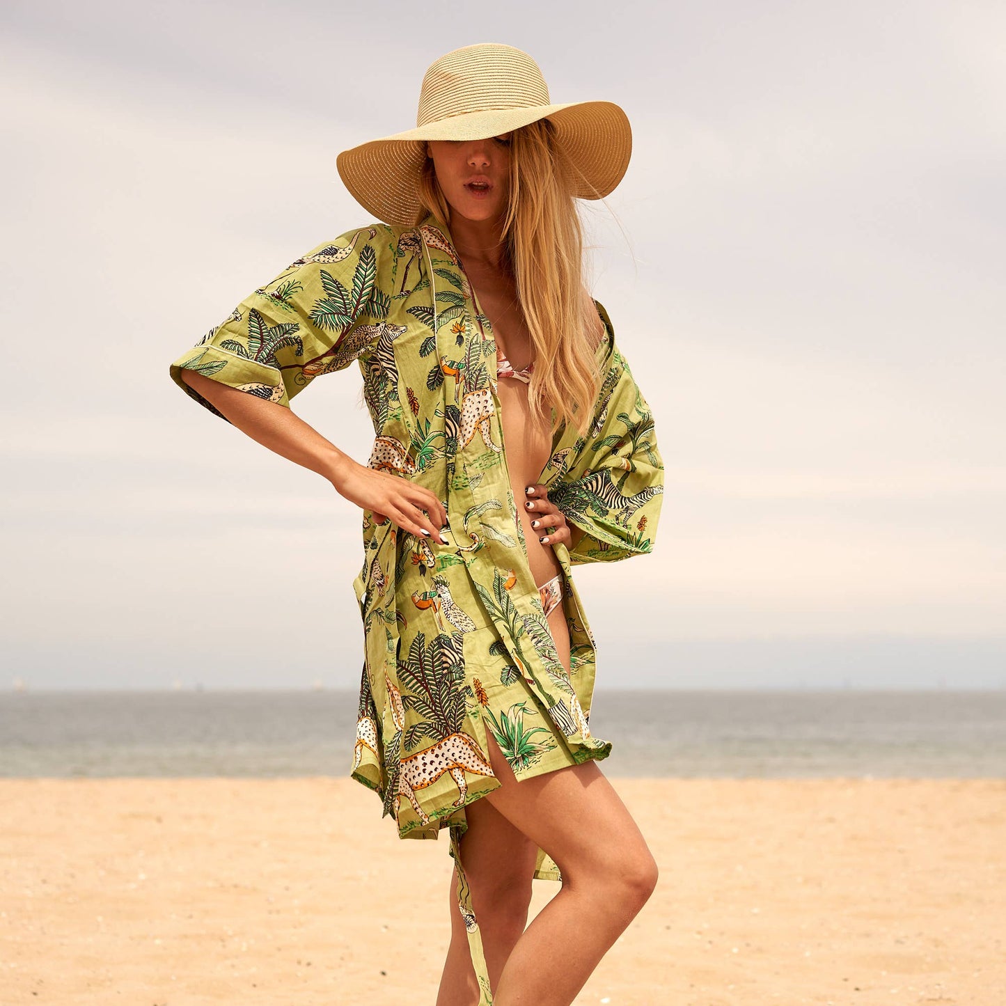 100 % Cotton Kimono Bathrobe Frida Gown - Green Jungle Linen Connections