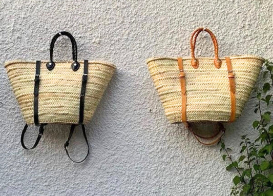 Moroccan French Market Basket Bag - Backpack with Black Leather strap Gran Wholesale