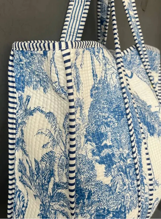 100% Cotton Exotic Jungle Printed Quilted Tote Bag in Delft Blue and White Bhawana Handicrafts