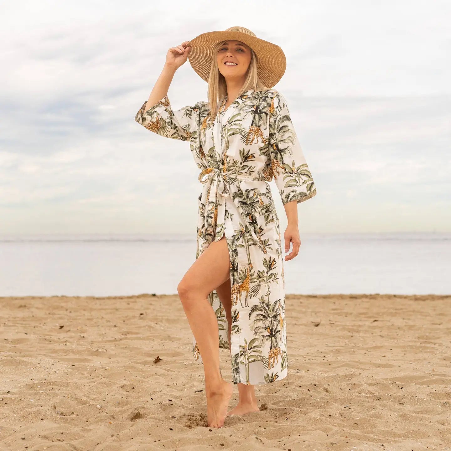 100 % Cotton Kimono Robe - Safari 2 printed white Linen Connections