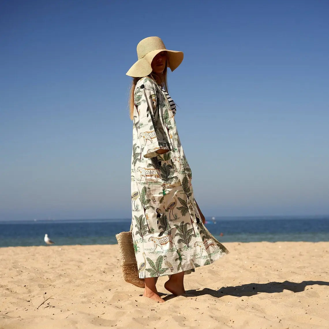 100 % Cotton Kimono Bathrobe Frida Gown - White Safari Linen Connections