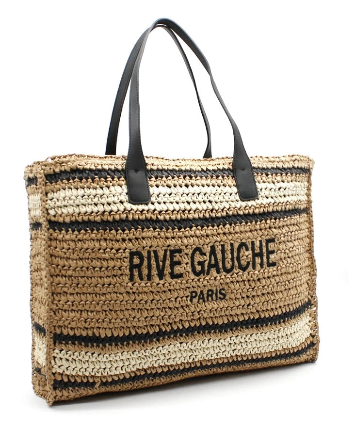 Rive Gauche Crochet Striped Tote with Vegan Leather handles in Cream and Natural Vimoda