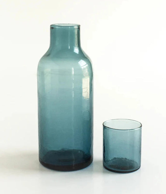 Handblown Hammered Glass Carafe & drinking glass : Blue Creative Women