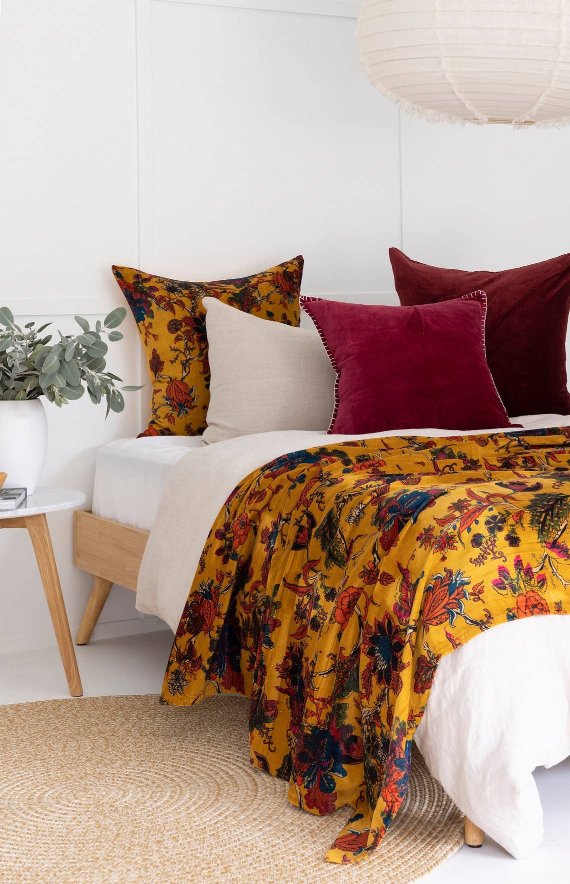 Mexican Painterly Florals Reversible Velvet/Cotton Throw - Mustard Linen Connections
