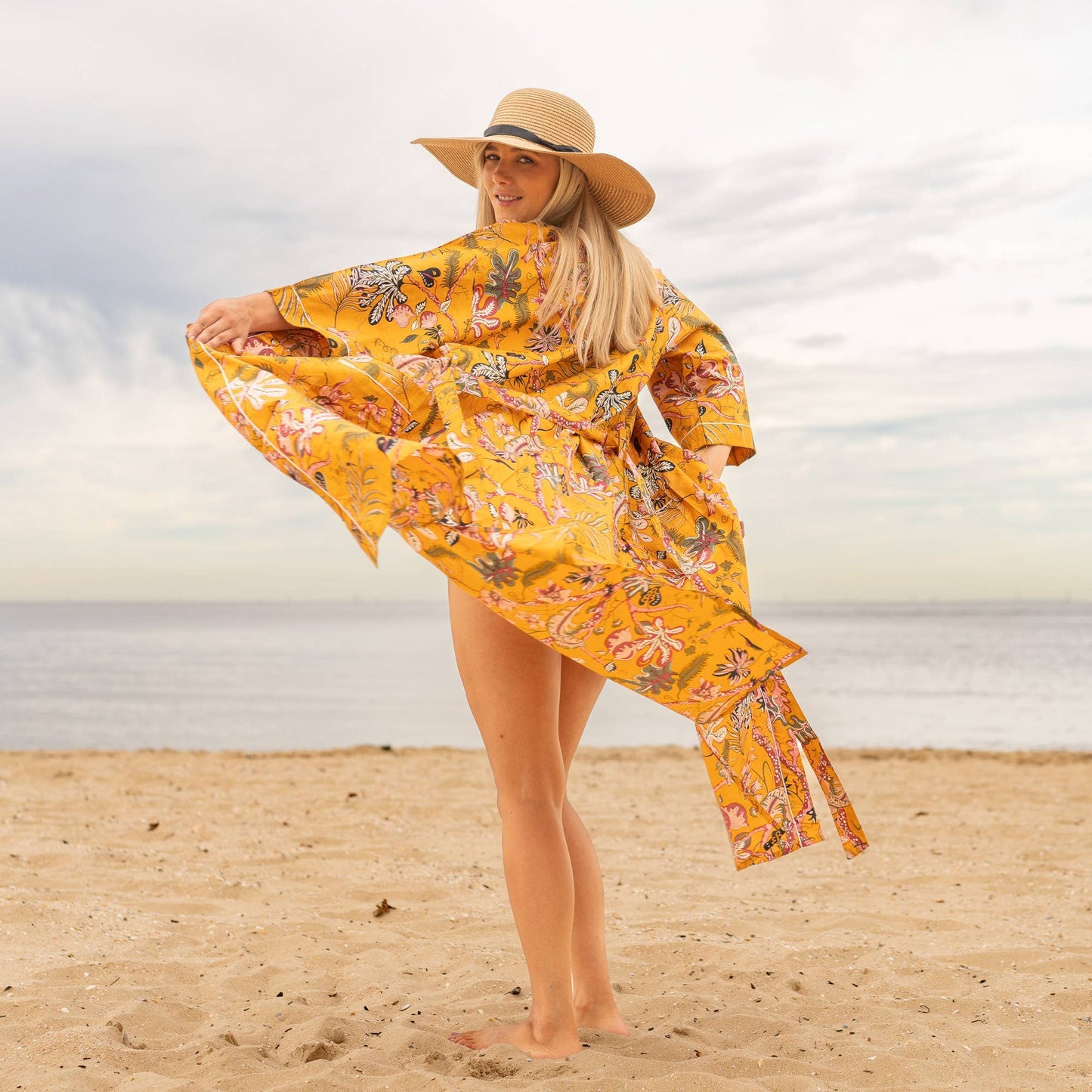 100 % Cotton Kimono Robe - mustard florals Linen Connections