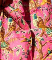 100% Cotton Kimono Robe in dark Pink "Birds of Paradise" print Linen Connections