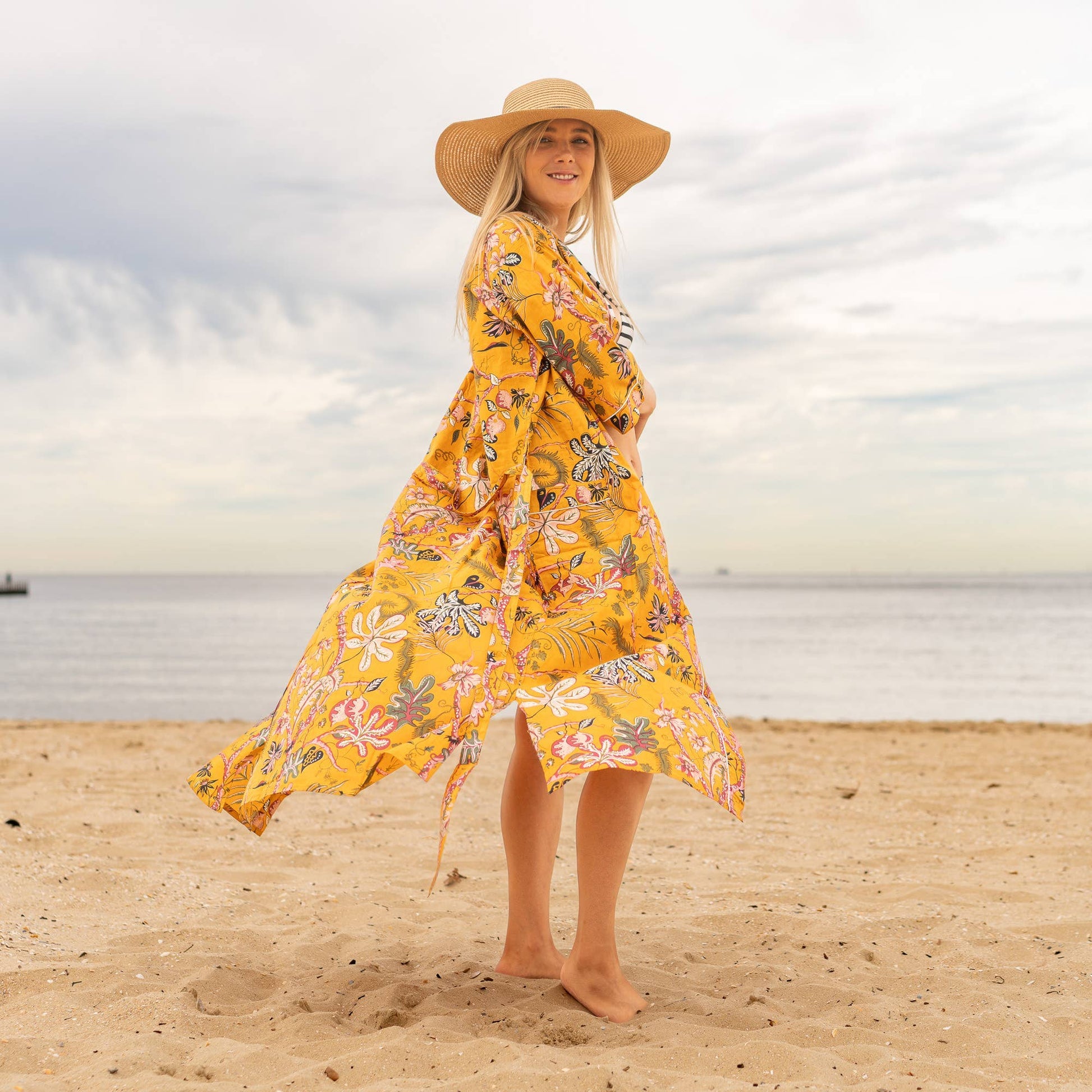 100 % Cotton Kimono Robe - mustard florals Linen Connections