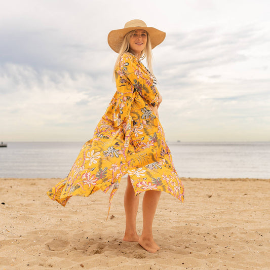 100 % Cotton Kimono Robe - mustard florals Linen Connections