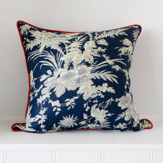 100 % Cotton Mexican Painterly Floral Decorative Cushion Cover - Blue with stone/white flowers Linen Connections