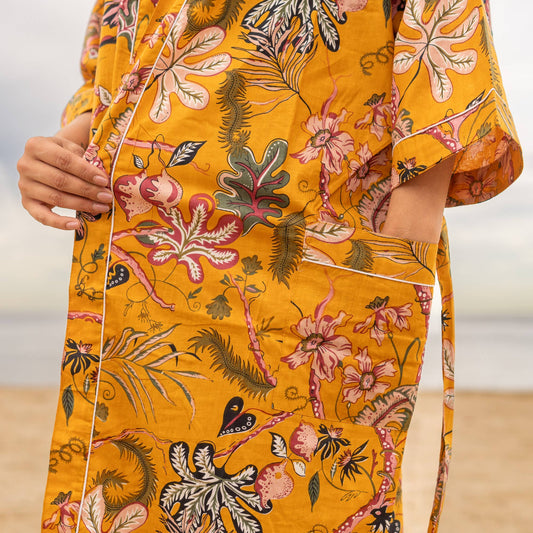 100 % Cotton Kimono Robe - mustard florals Linen Connections