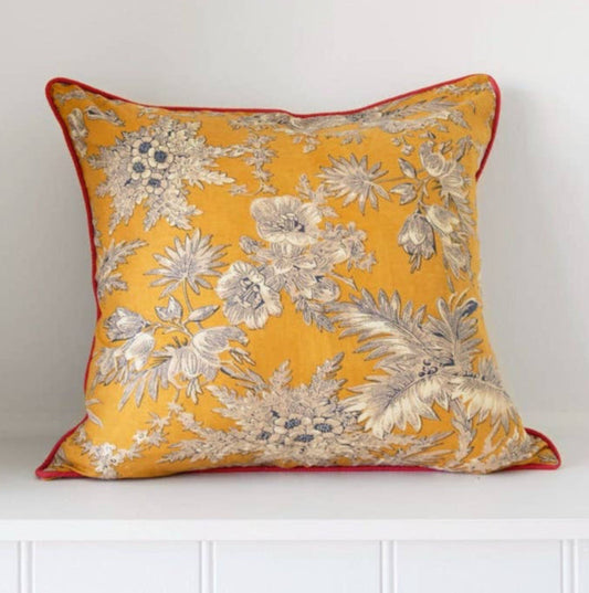 100 % Cotton Mexican Painted Florals Decorative Cushion Cover - Mustard Floral with blue and white. Linen Connections