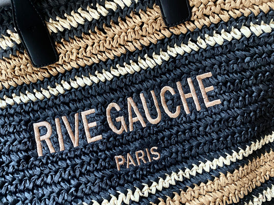 “Rive Gauche” Crochet Striped Tote with Vegan Leather handles in Black & Natural/Milk stripes Vimoda