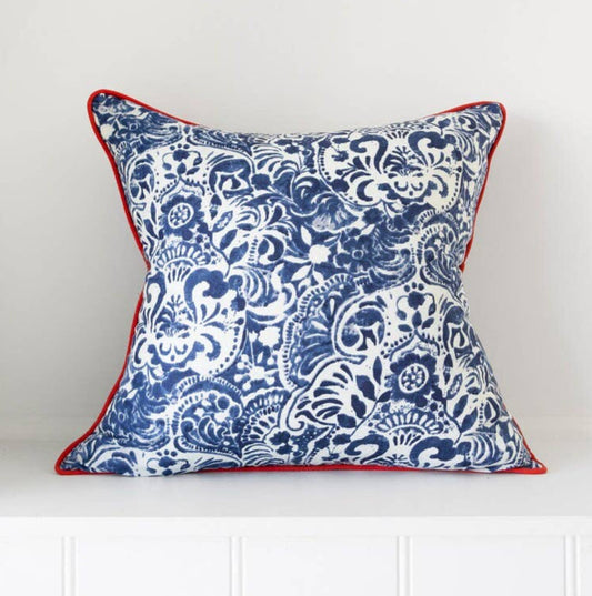 100 % Cotton Mexican Painter Decorative Cushion Cover  - Block Print Blue with red piping Linen Connections