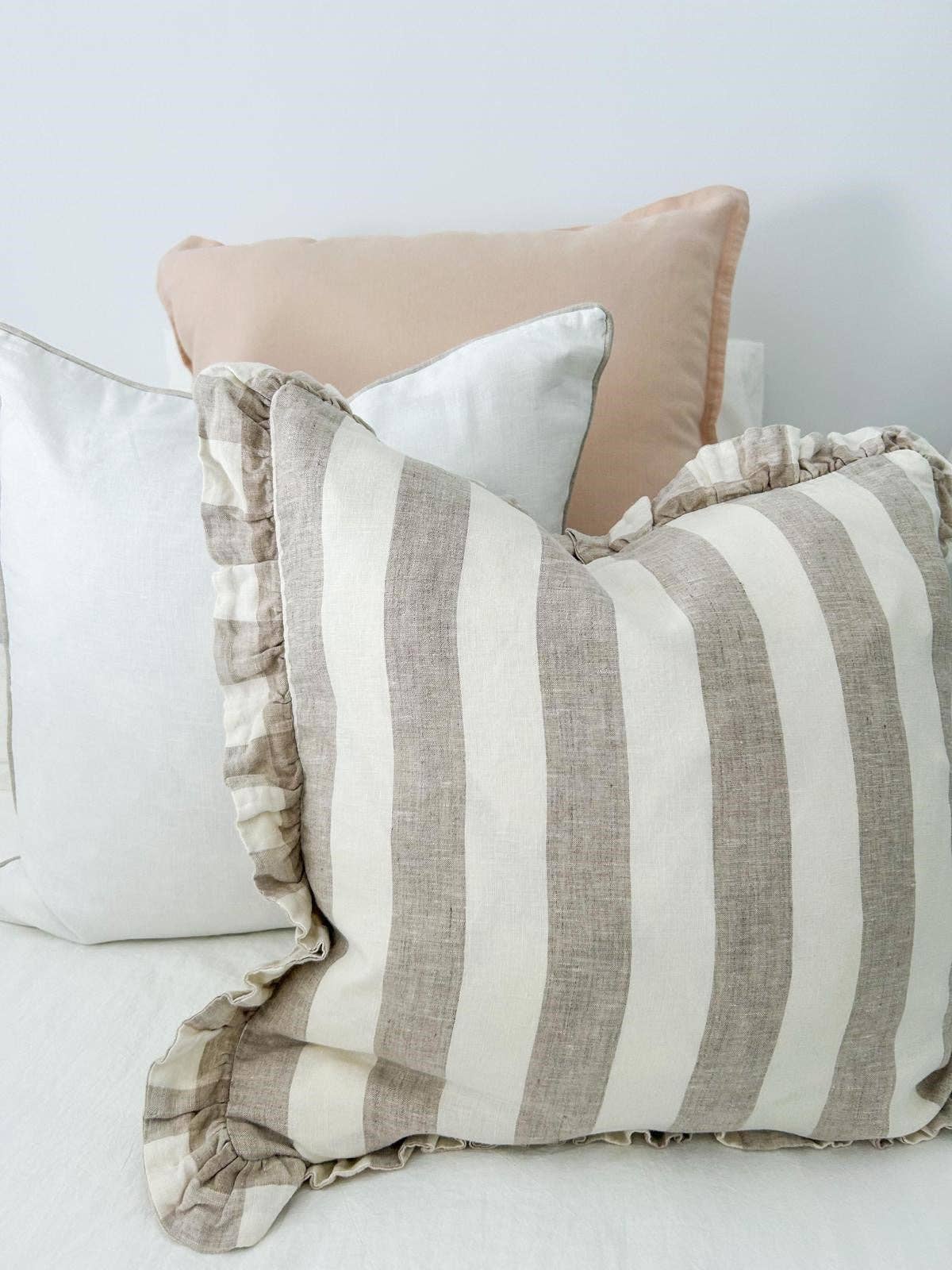 Reversible Linen Ruffle Cushion Cover - Natural Wide Stripe - Natural Mama and Tochter