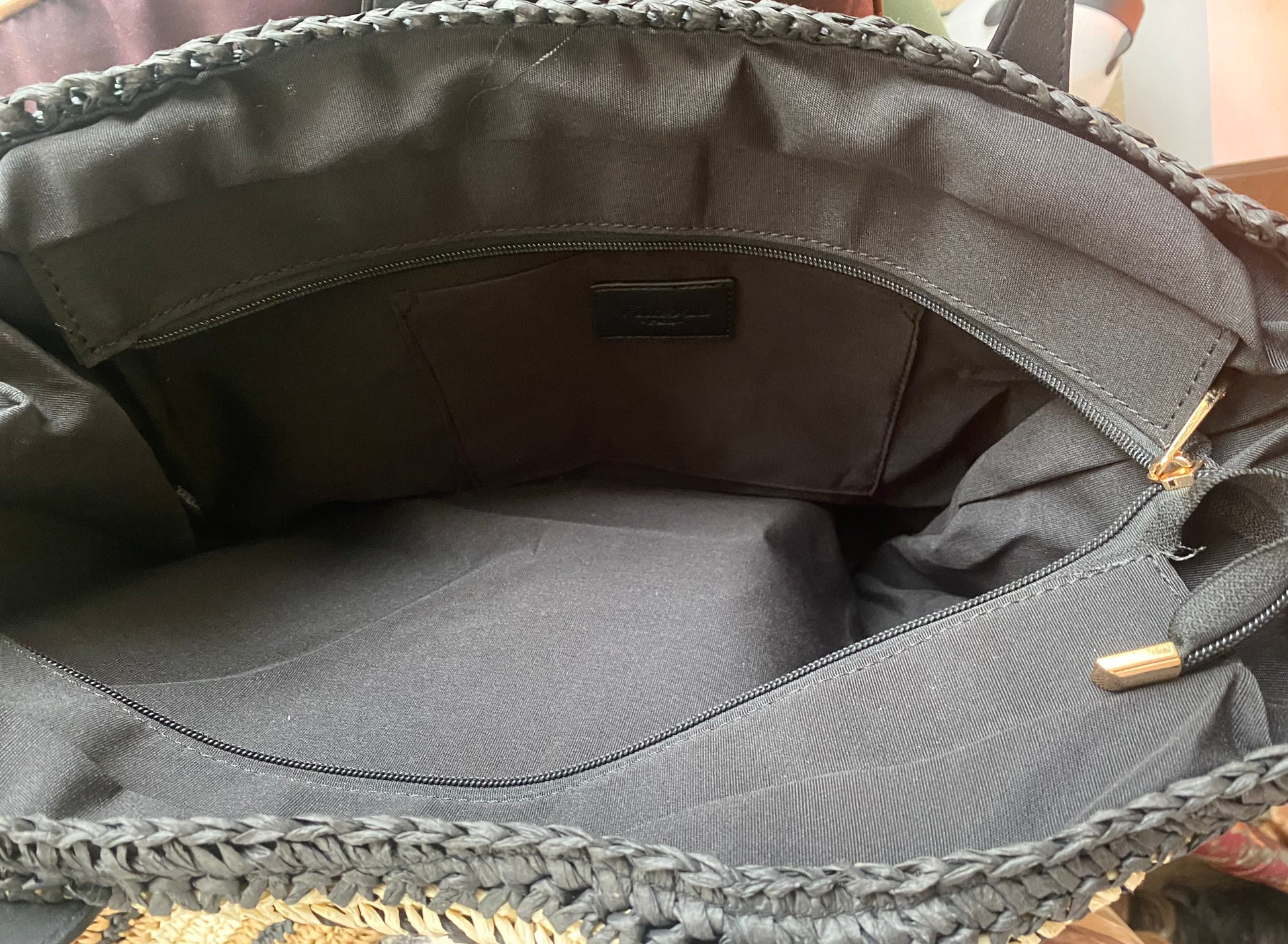 “Rive Gauche” Crochet Striped Tote with Vegan Leather handles in Black & Natural/Milk stripes Vimoda