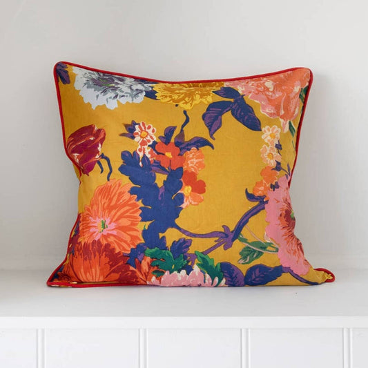 100 % Cotton Mexican Painterly Floral Decorative Cushion Cover - Mustard Linen Connections