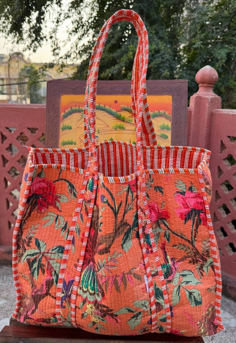Bird Print Quilted Cotton Bag Girls Bag Market Shopping Bags Bhawana Handicrafts