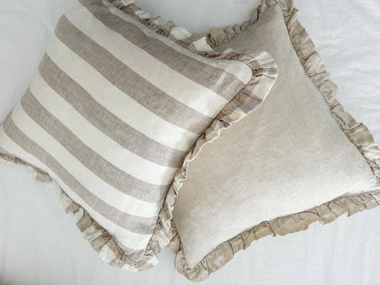 Reversible Linen Ruffle Cushion Cover - Natural Wide Stripe - Natural Mama and Tochter