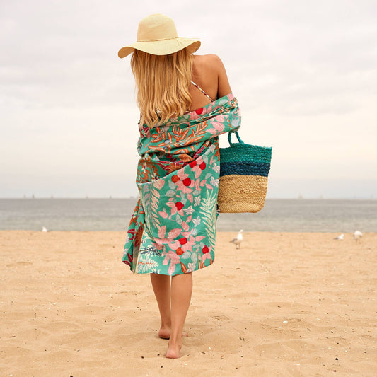 100 % Cotton Kimono Bathrobe in Frida Florals - Floral Green Linen Connections