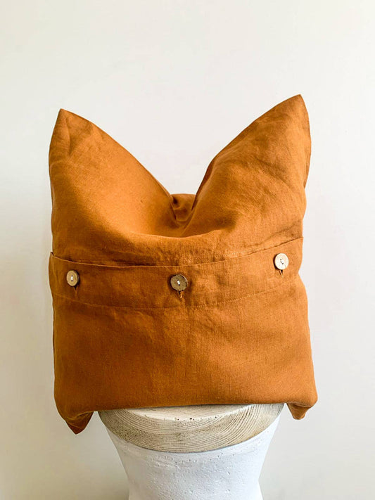 Pure French Linen Cushion with coconut button detail - Tobacco Rust Mama and Tochter