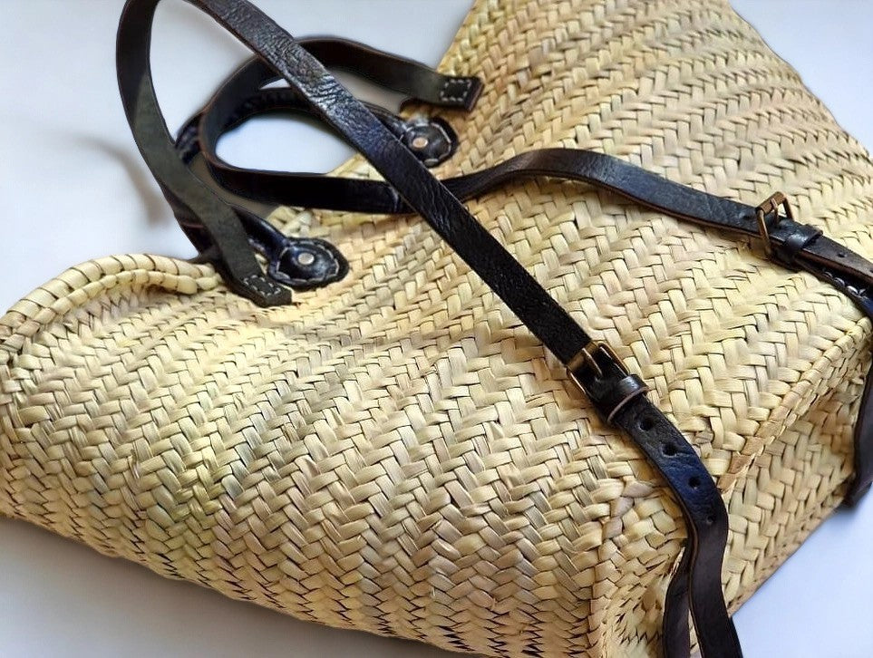 Moroccan French Market Basket Bag - Backpack with Black Leather strap Gran Wholesale