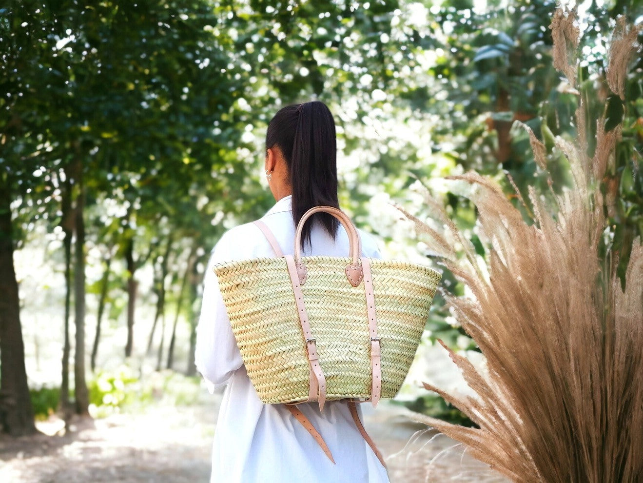 Moroccan French Market Basket Bag - Backpack with Soft pink/nude Leather strap Gran Wholesale