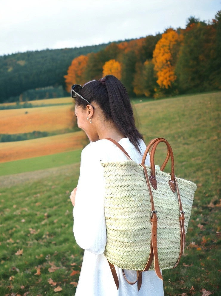 Moroccan French Market Basket Bag - Backpack with Soft pink/nude Leather strap Gran Wholesale