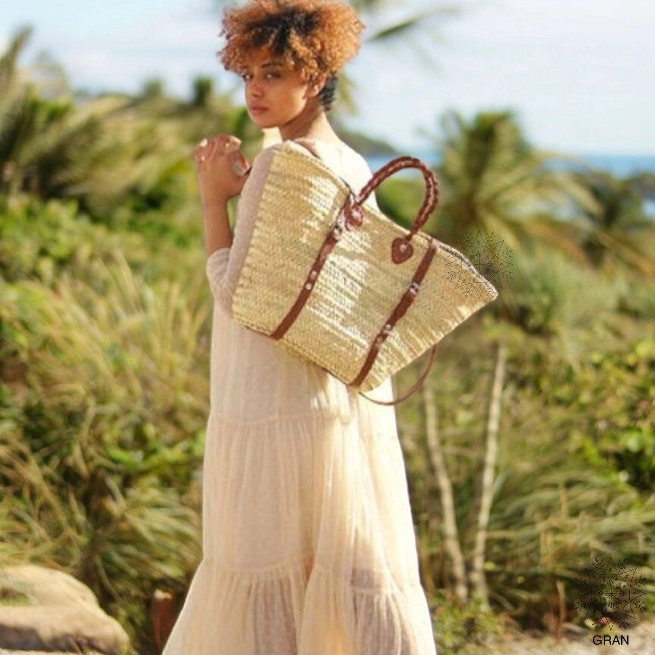 Moroccan French Market Basket Bag - Backpack with Tan Leather strap Gran Wholesale