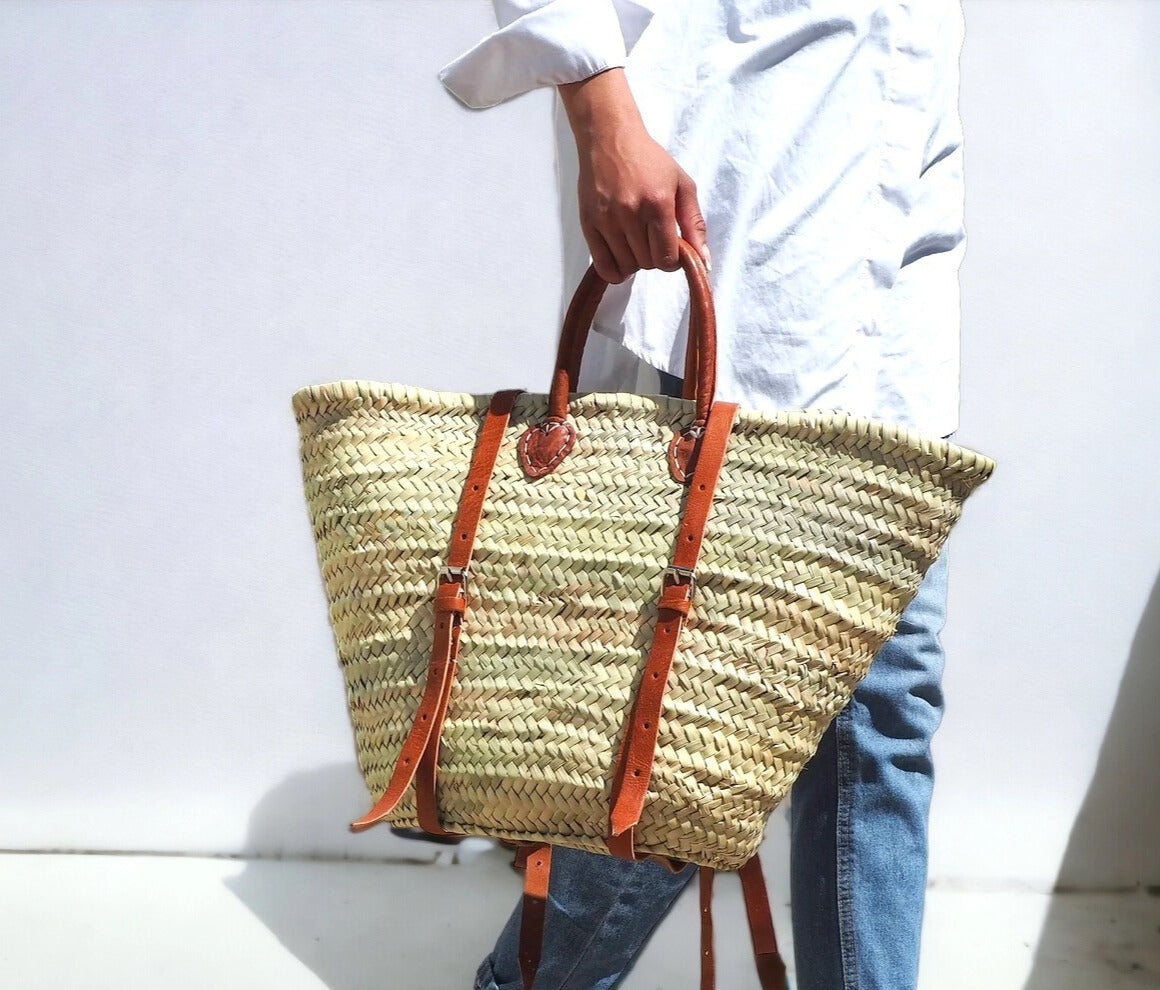 Moroccan French Market Basket Bag - Backpack with Soft pink/nude Leather strap Gran Wholesale
