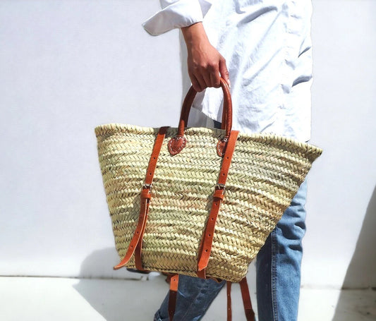 Moroccan French Market Basket Bag - Backpack with Soft pink/nude Leather strap Gran Wholesale