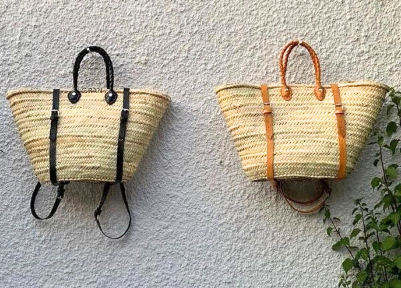 Moroccan French Market Basket Bag - Backpack with Black Leather strap Gran Wholesale