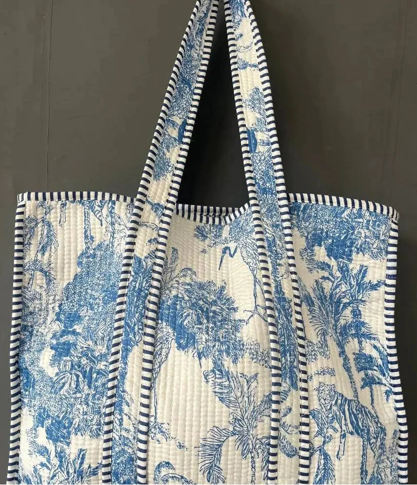 100% Cotton Exotic Jungle Printed Quilted Tote Bag in Delft Blue and White Bhawana Handicrafts