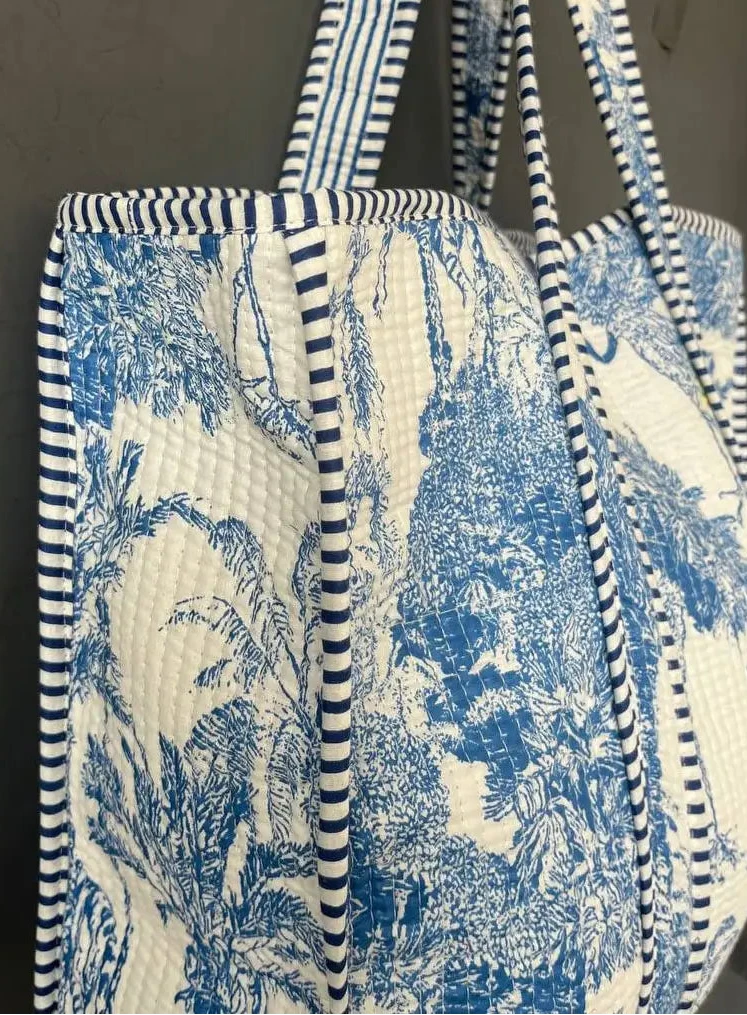 100% Cotton Exotic Jungle Printed Quilted Tote Bag in Delft Blue and White Bhawana Handicrafts