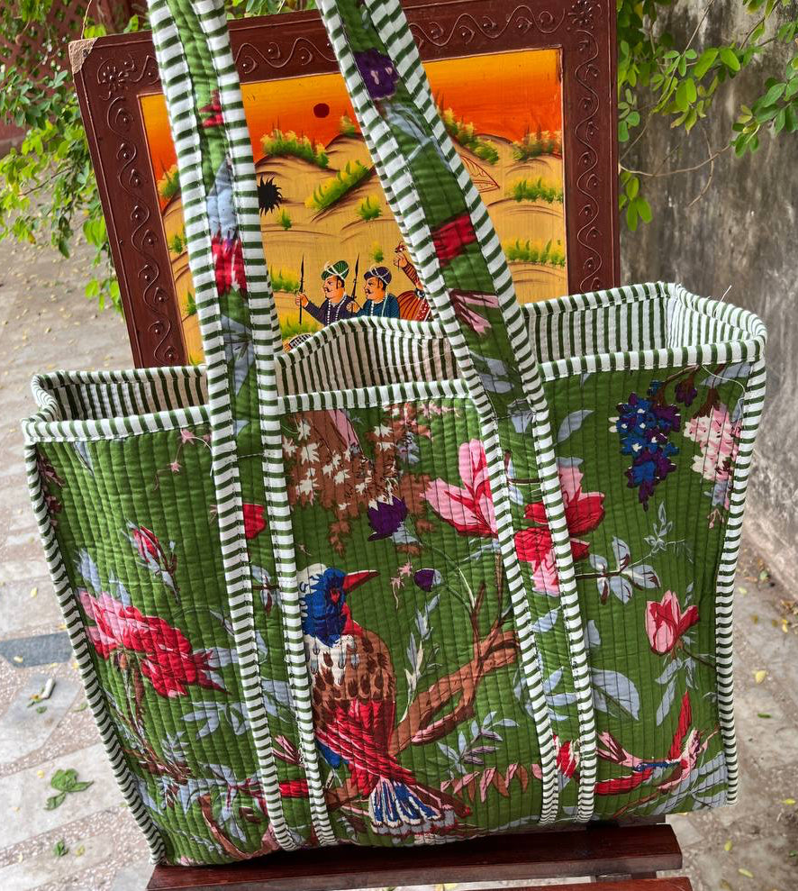 100% Cotton Palm Tree and stripes Quilted Tote Bag in Green Bhawana Handicrafts