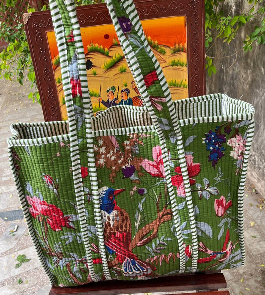 100% Cotton Palm Tree and stripes Quilted Tote Bag in Green Bhawana Handicrafts