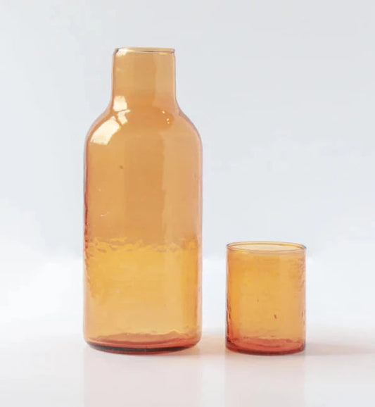 Handblown Hammered Glass Carafe & drinking glass : Amber Creative Women