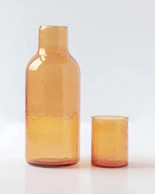 Handblown Hammered Glass Carafe & drinking glass : Blue Creative Women