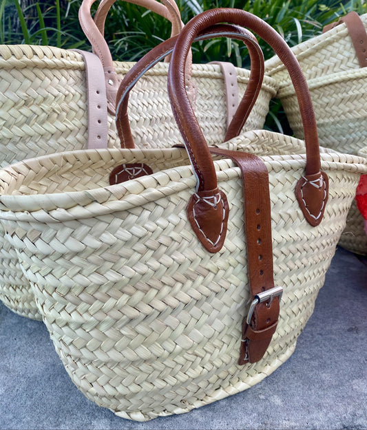 Straw Basket with tan Leather Buckle & Handle Gran Wholesale