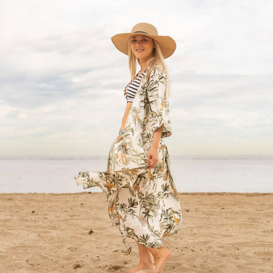 100 % Cotton Kimono Robe - Safari 2 printed white Linen Connections