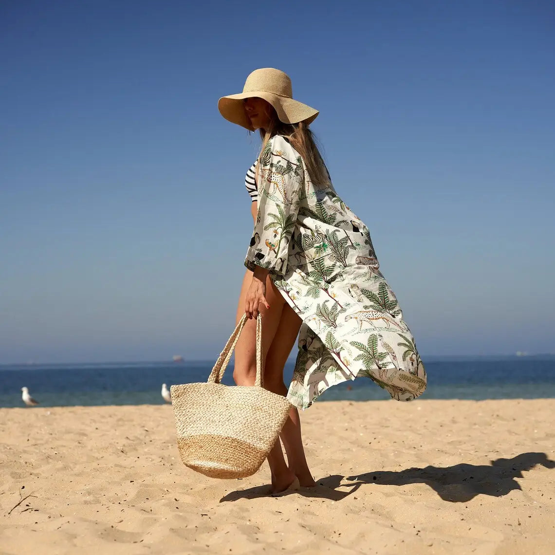 100 % Cotton Kimono Bathrobe Frida Gown - White Safari Linen Connections