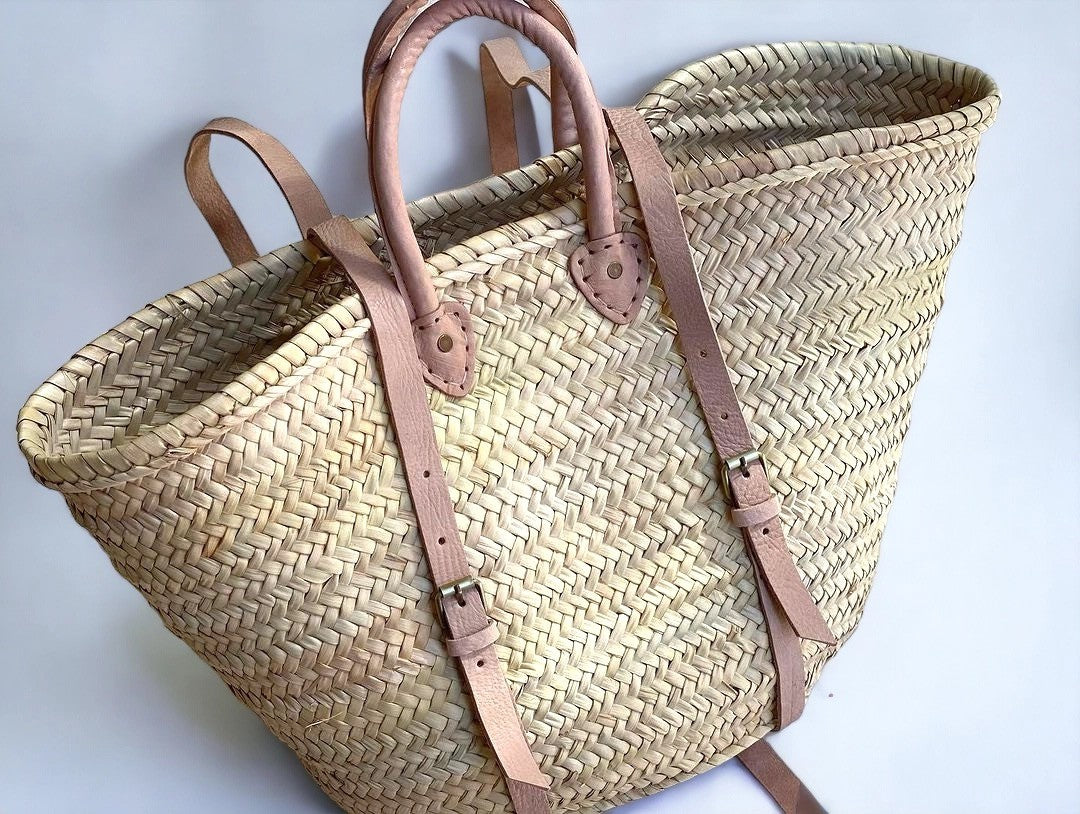 Moroccan French Market Basket Bag - Backpack with Soft pink/nude Leather strap Gran Wholesale