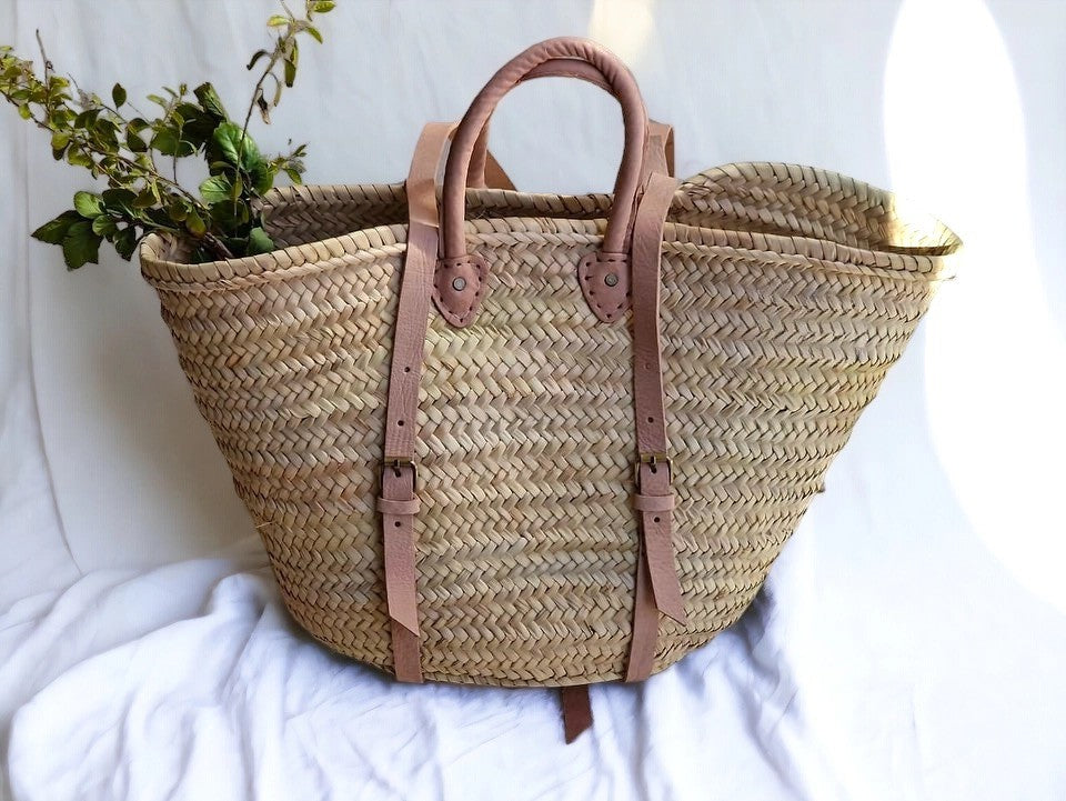 Moroccan French Market Basket Bag - Backpack with Soft pink/nude Leather strap Gran Wholesale