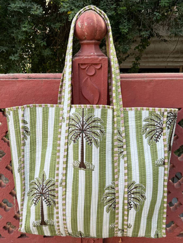 100% Cotton Palm Tree and Stripes Quilted Tote Bag in Green and White Bhawana Handicrafts