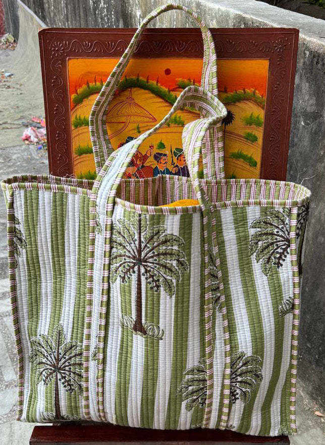 100% Cotton Palm Tree and Stripes Quilted Tote Bag in Green and White Bhawana Handicrafts