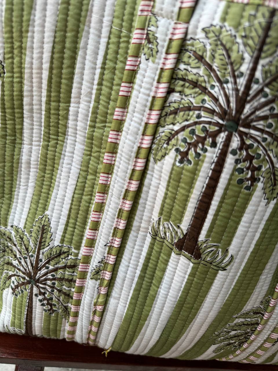100% Cotton Palm Tree and Stripes Quilted Tote Bag in Green and White Bhawana Handicrafts