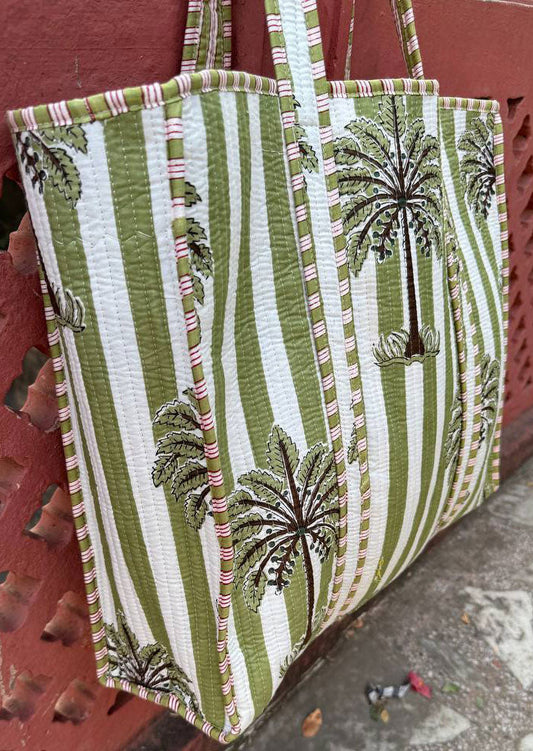 100% Cotton Palm Tree and Stripes Quilted Tote Bag in Green and White Bhawana Handicrafts